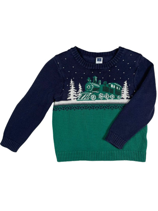 2/2T Janie and Jack, Multi, Fair Isle Christmas train sweater, navy/green