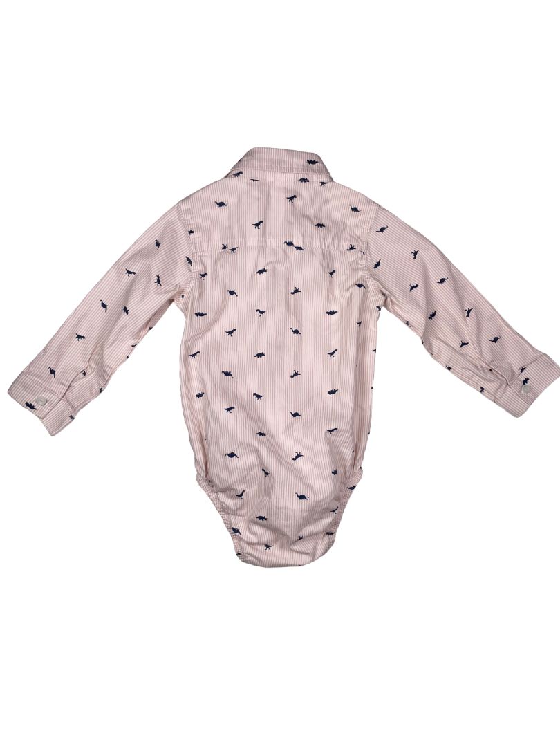 24 mo Carter's crisp cotton long-sleeve salmon-striped/navy dinosaur print button-up bodysuit