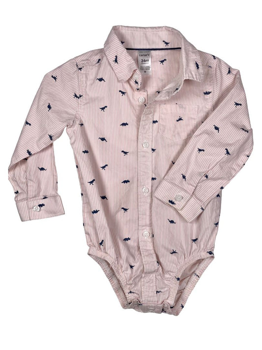 24 mo Carter's crisp cotton long-sleeve salmon-striped/navy dinosaur print button-up bodysuit
