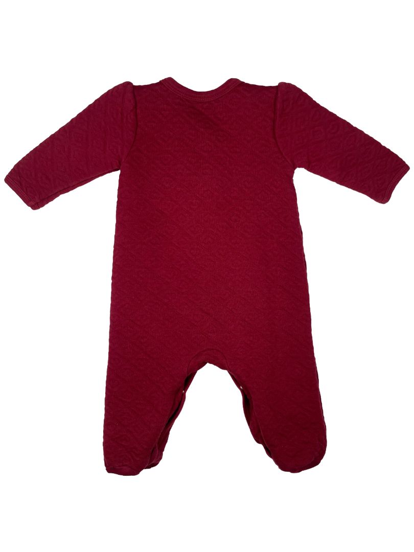 3-6 mo baby GUESS, Purple, Heart pattern quilted body suit with bows & ruffles