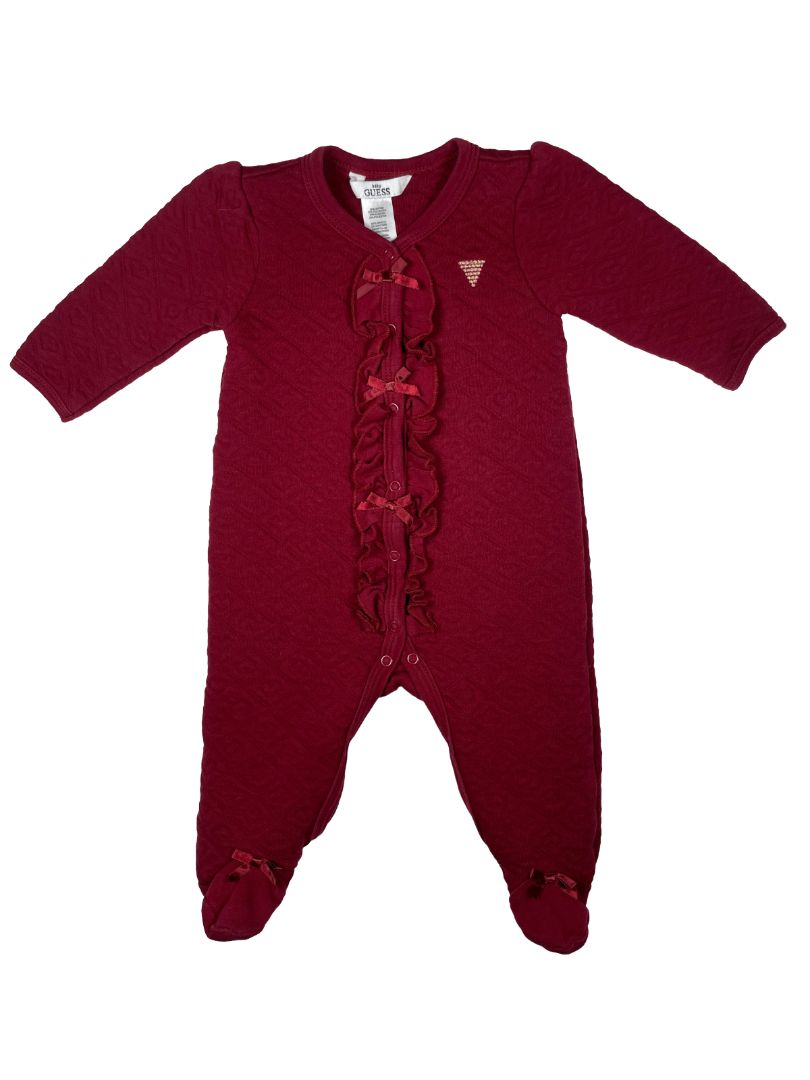 3-6 mo baby GUESS, Purple, Heart pattern quilted body suit with bows & ruffles