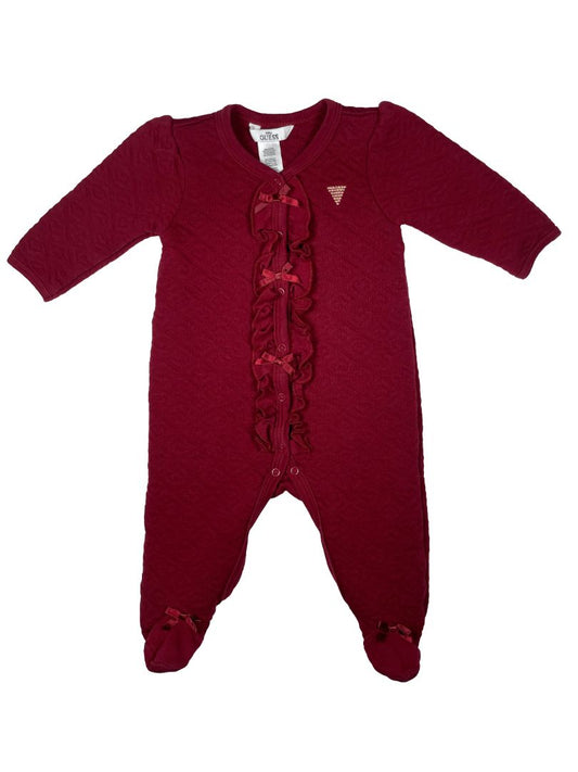 3-6 mo baby GUESS, Purple, Heart pattern quilted body suit with bows & ruffles