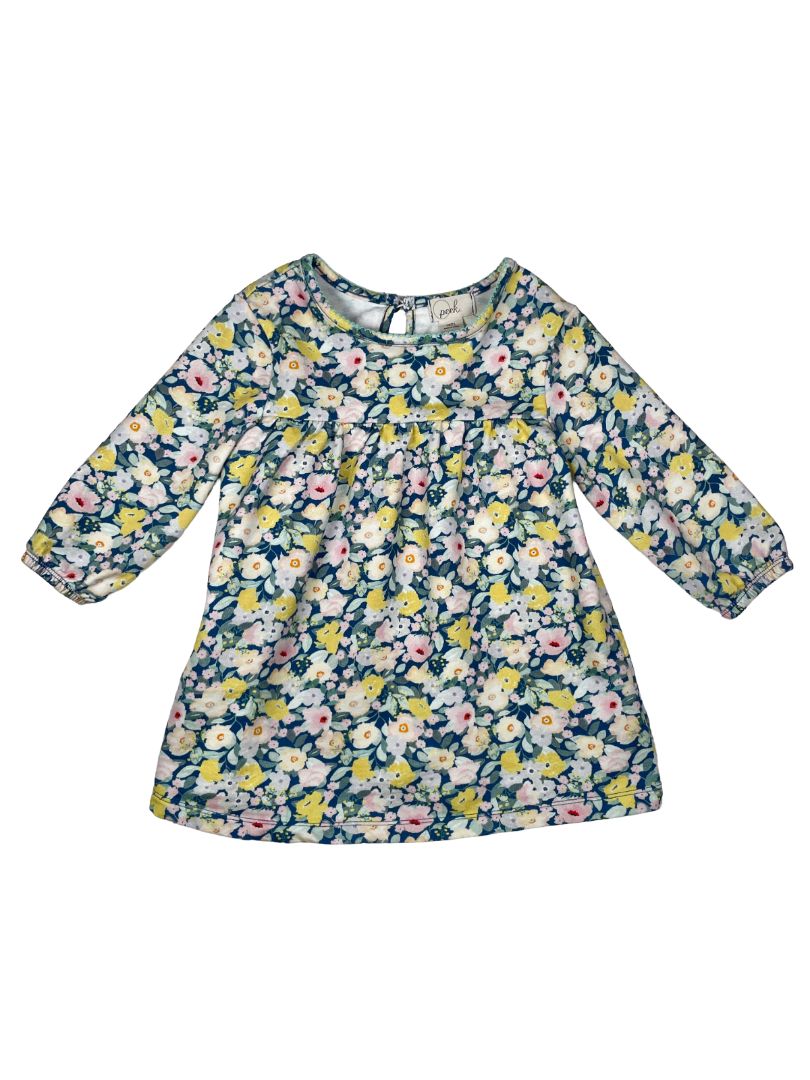 2/2T Peek, Multi, Long-sleeve heavy cotton floral dress pink/yellow/blue