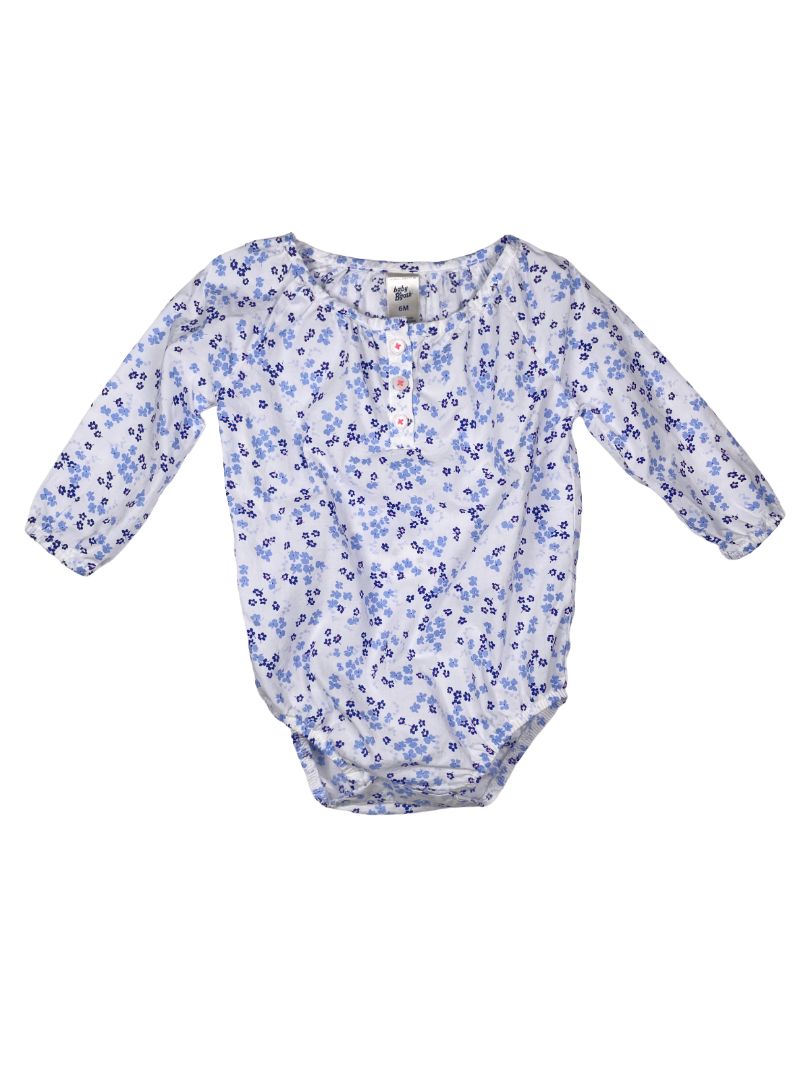 6 mo OshKosh B'Gosh, Blue, Long-sleeve floral onesie button neck white/blue