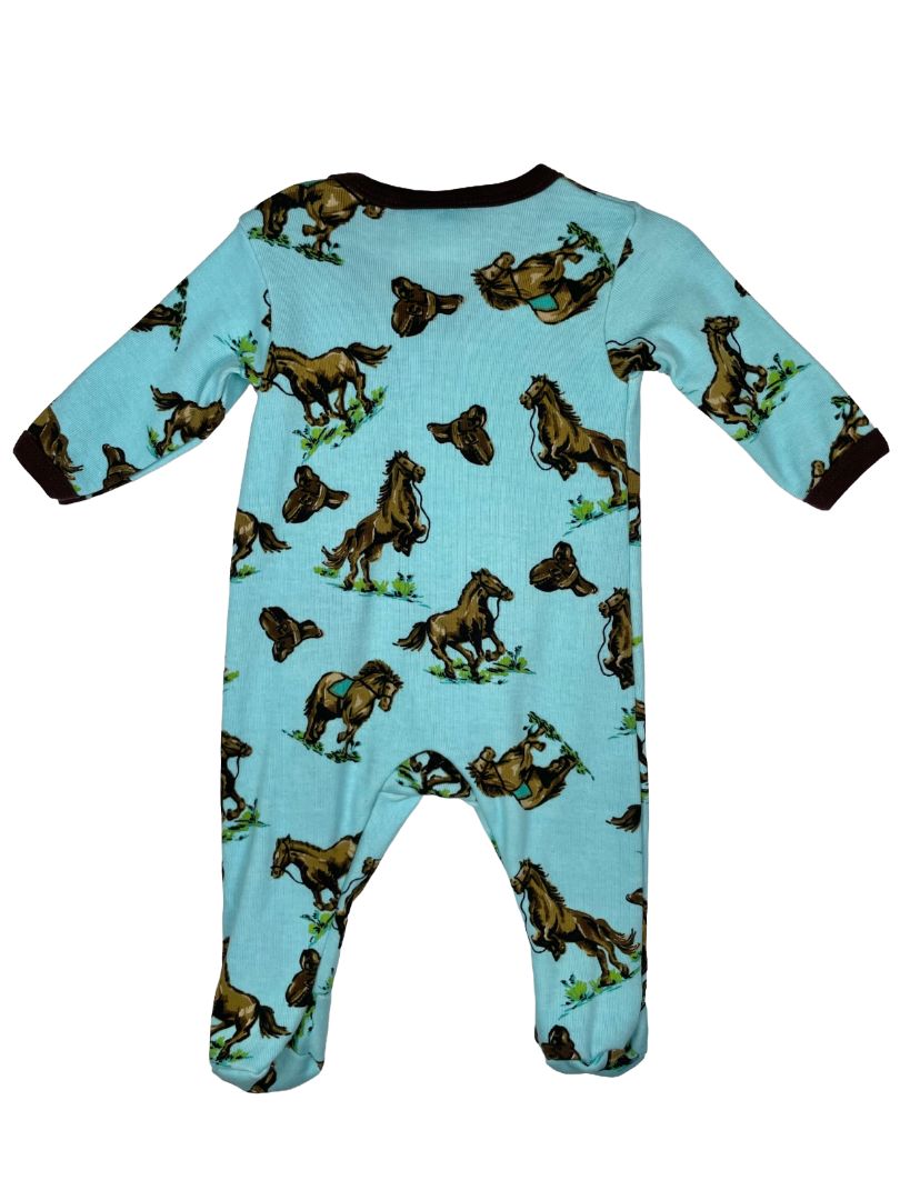 3 mo Madboy Los Angeles, Blue, Horse print footed bodysuit onesie