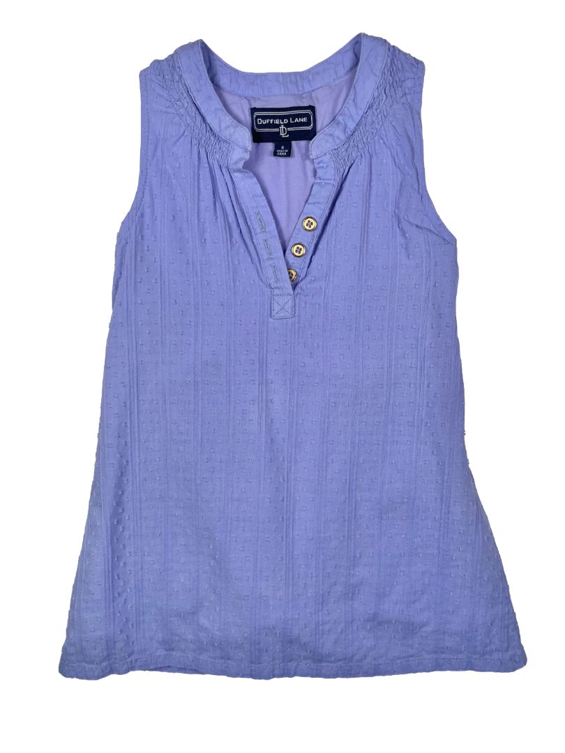 4/4T Duffield Lane, Purple, Sleeveless swiss dot button-neck dress, lined, side zip