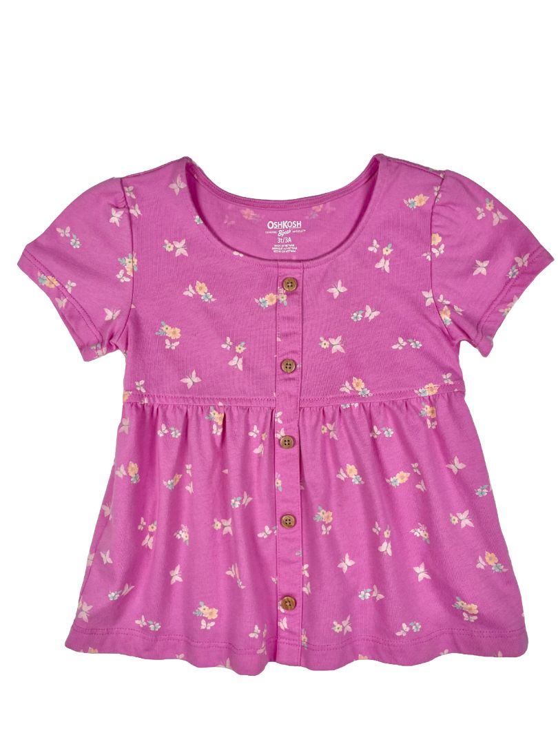 3/3T OshKosh B'Gosh, Pink, Short-sleeve butterfly/flower print shirt, decorative buttons