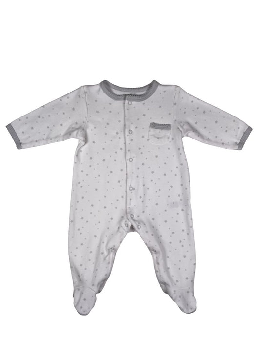 6 mo Little Me, White, Long-sleeve star print snap-up footed coverall, grey stars & trim