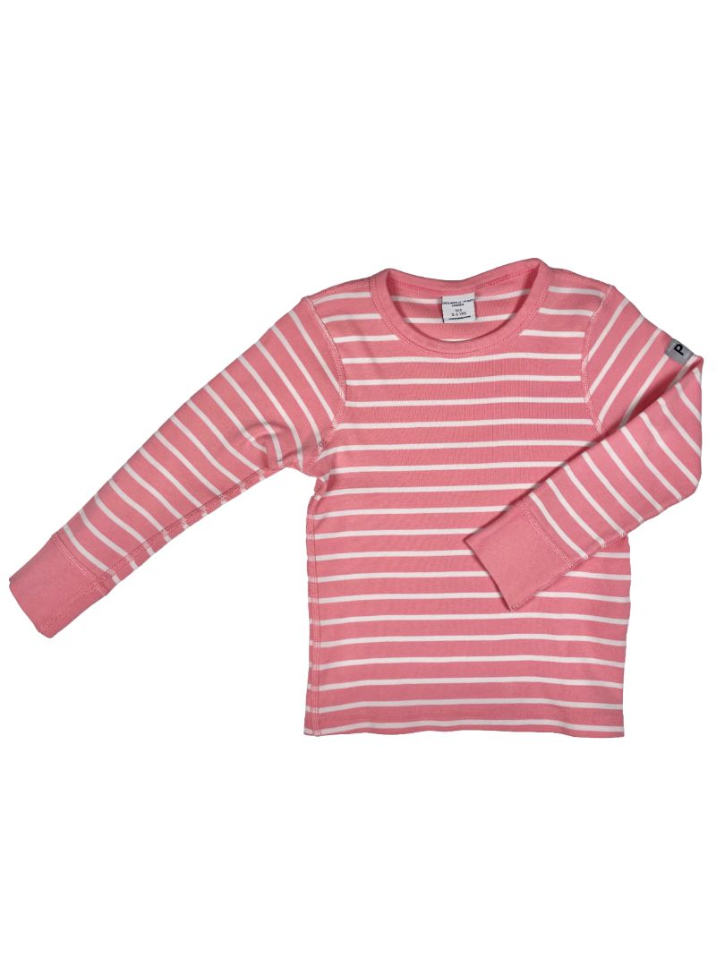3-4 Polarn O. Pyret, Pink, Long-sleeve striped organic cotton shirt, pink/white