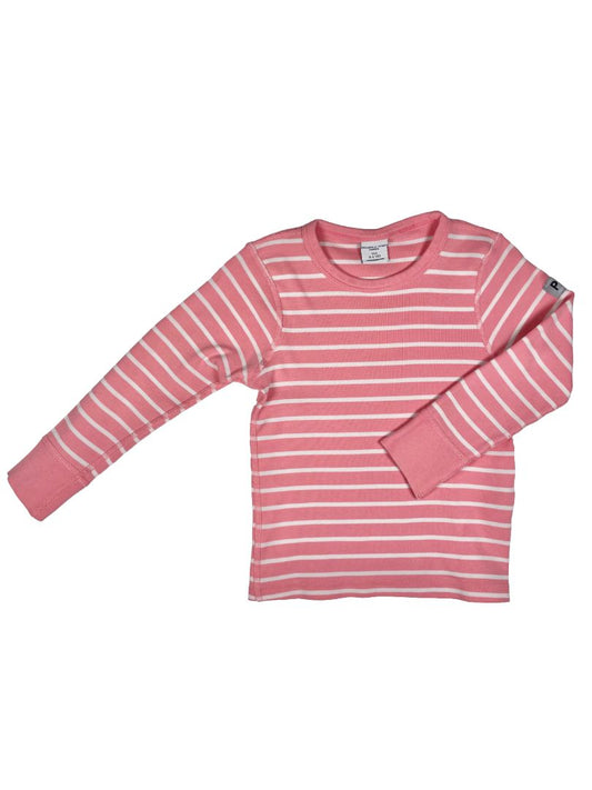 3-4 Polarn O. Pyret, Pink, Long-sleeve striped organic cotton shirt, pink/white