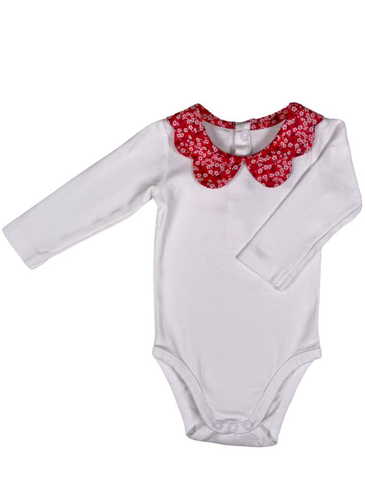 6 mo Jacadi, White, Long-sleeve bodysuit w/ red floral scalloped collar