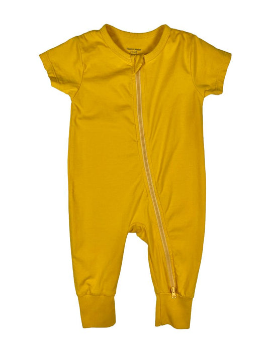 6-12 mo, Teach Leanbh, Yellow, Short-sleeve cotton romper w/ 2-way zipper