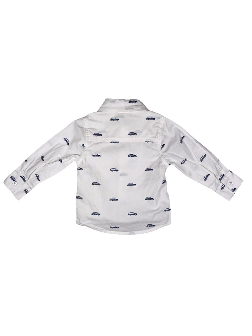 9-12 mo, Monica + Andy, White, Organic cotton button-up shirt, car w/ surfboard print