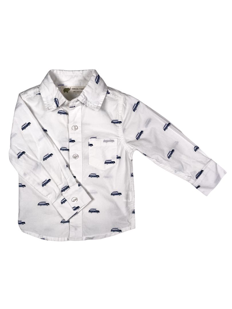 9-12 mo, Monica + Andy, White, Organic cotton button-up shirt, car w/ surfboard print