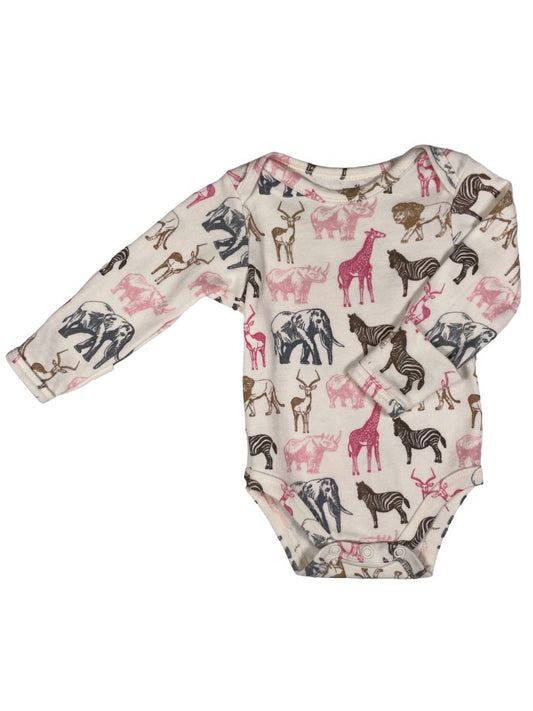 0-3 mo Touched by Nature, Cream, Organic cotton long-sleeve bodysuit, safari print w/ hand covers, pink/grey/brown