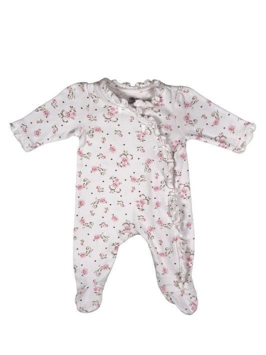 3 mo, Little Me, White, Floral print, footed, snap-up coverall w/ ruffle and bows, pink/green