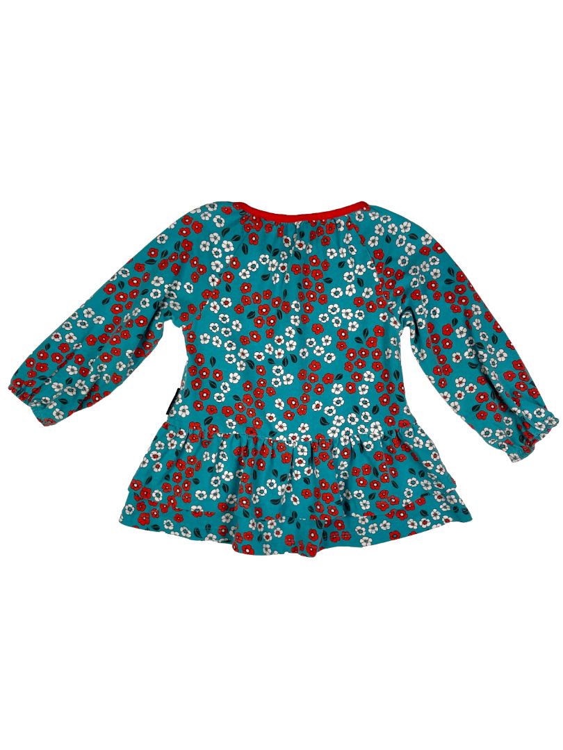 12-18 mo Polarn O. Pyret, Blue, Long-sleeve floral print dress, soft cotton + stretch, red/white flowers