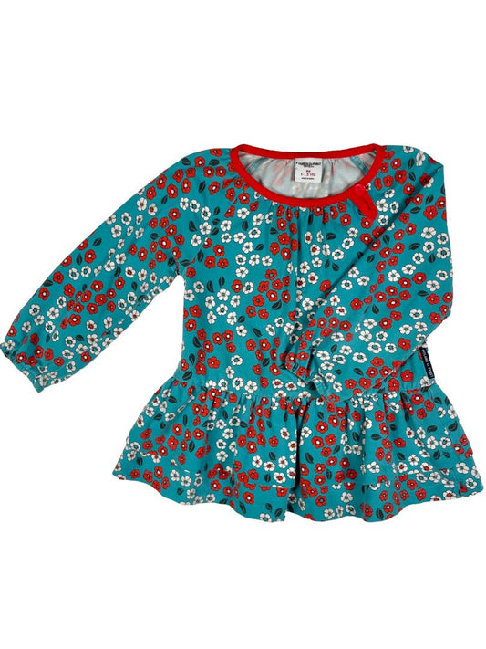 12-18 mo Polarn O. Pyret, Blue, Long-sleeve floral print dress, soft cotton + stretch, red/white flowers