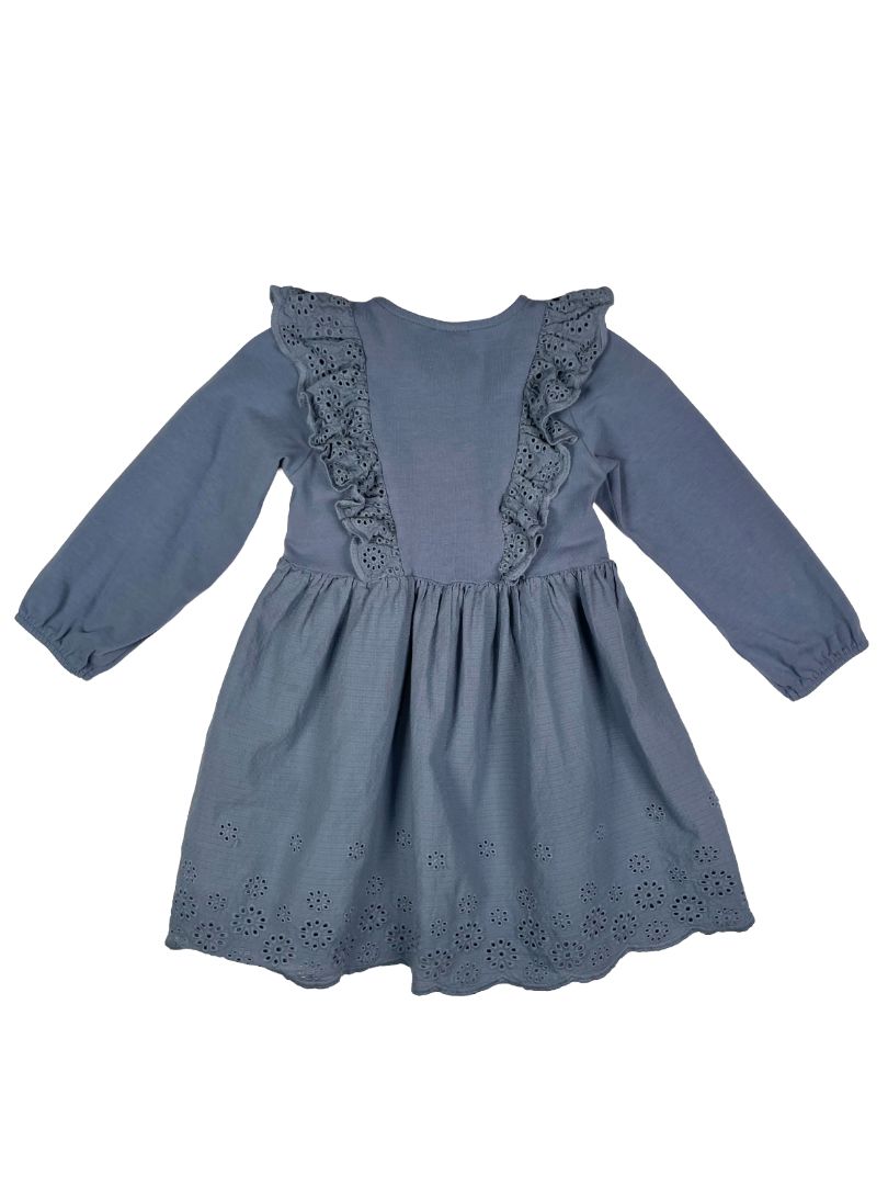 2/2T H&M, Blue, Long-sleeve dress, flower eyelet trim, ruffles at chest