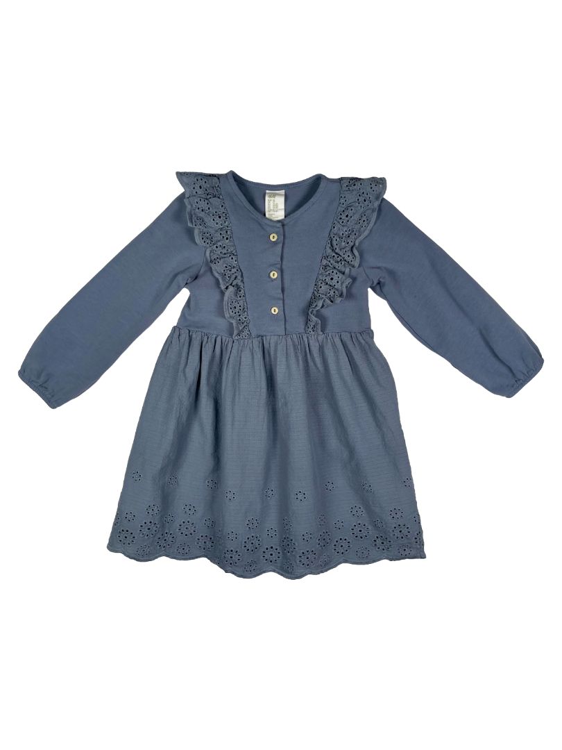 2/2T H&M, Blue, Long-sleeve dress, flower eyelet trim, ruffles at chest