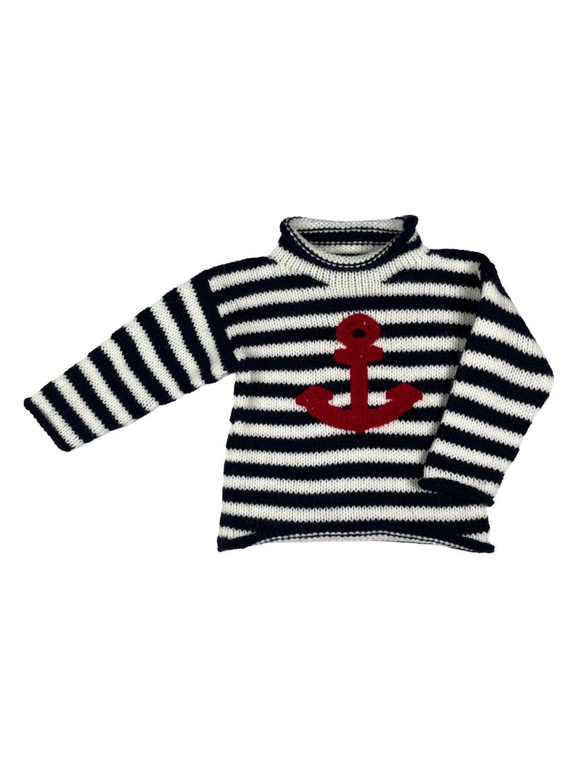 2/2T American South Side, Multi, Navy/white striped sweater w/ red anchor, mock neck, 100% alpaca wool