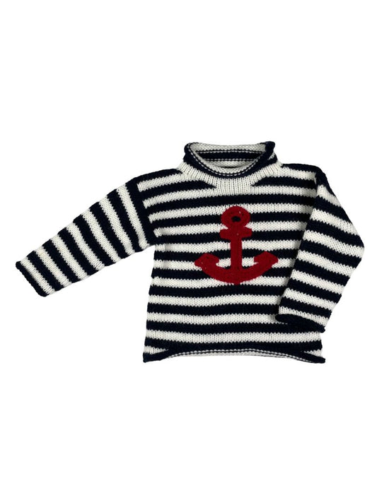 2/2T American South Side, Multi, Navy/white striped sweater w/ red anchor, mock neck, 100% alpaca wool