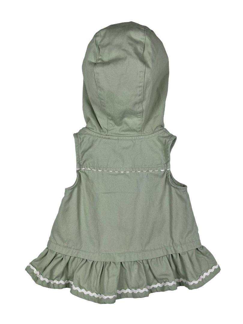 12 mo, Tahari, Green, Light zip-up hooded cotton vest w/ white ric-rac trim