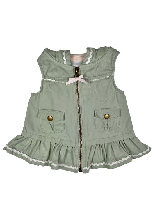 12 mo, Tahari, Green, Light zip-up hooded cotton vest w/ white ric-rac trim