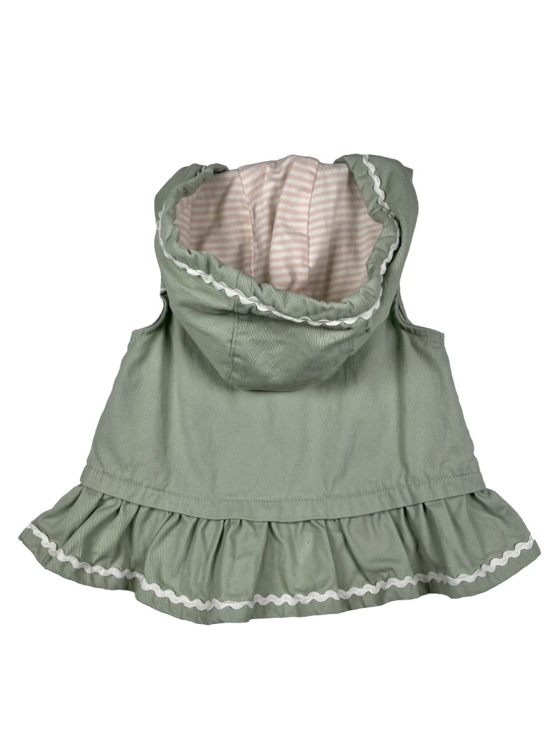 12 mo, Tahari, Green, Light zip-up hooded cotton vest w/ white ric-rac trim