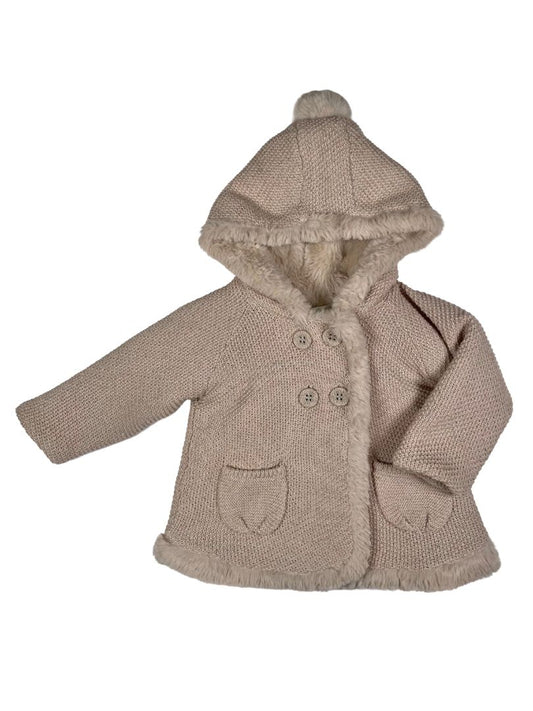 2-4 mo, Mayoral, Neutral, Faux fur lined jacket, gold threaded, hooded w/ pom-pom
