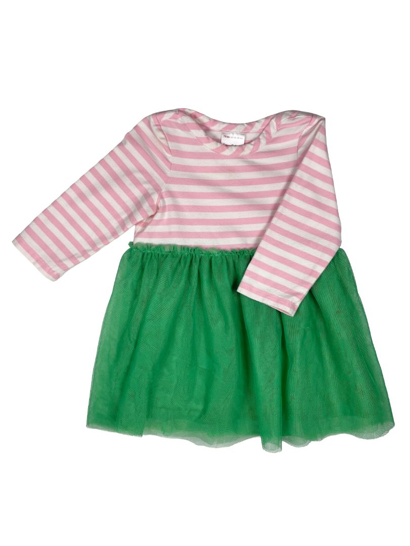12-18 mo Hanna Andersson, Multi, Long-sleeve pink striped dress w/ green tulle skirt