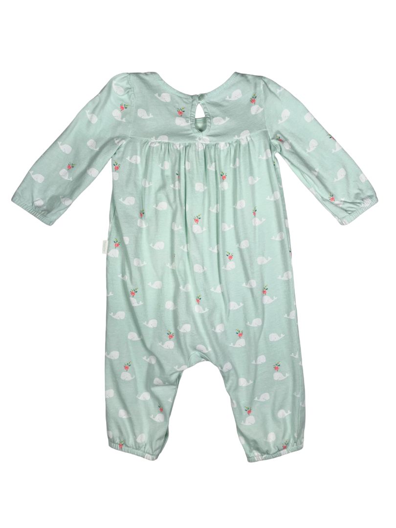 6-9 mo, babyGap, Green, Whale & flower print long-sleeve one-piece, snap legs