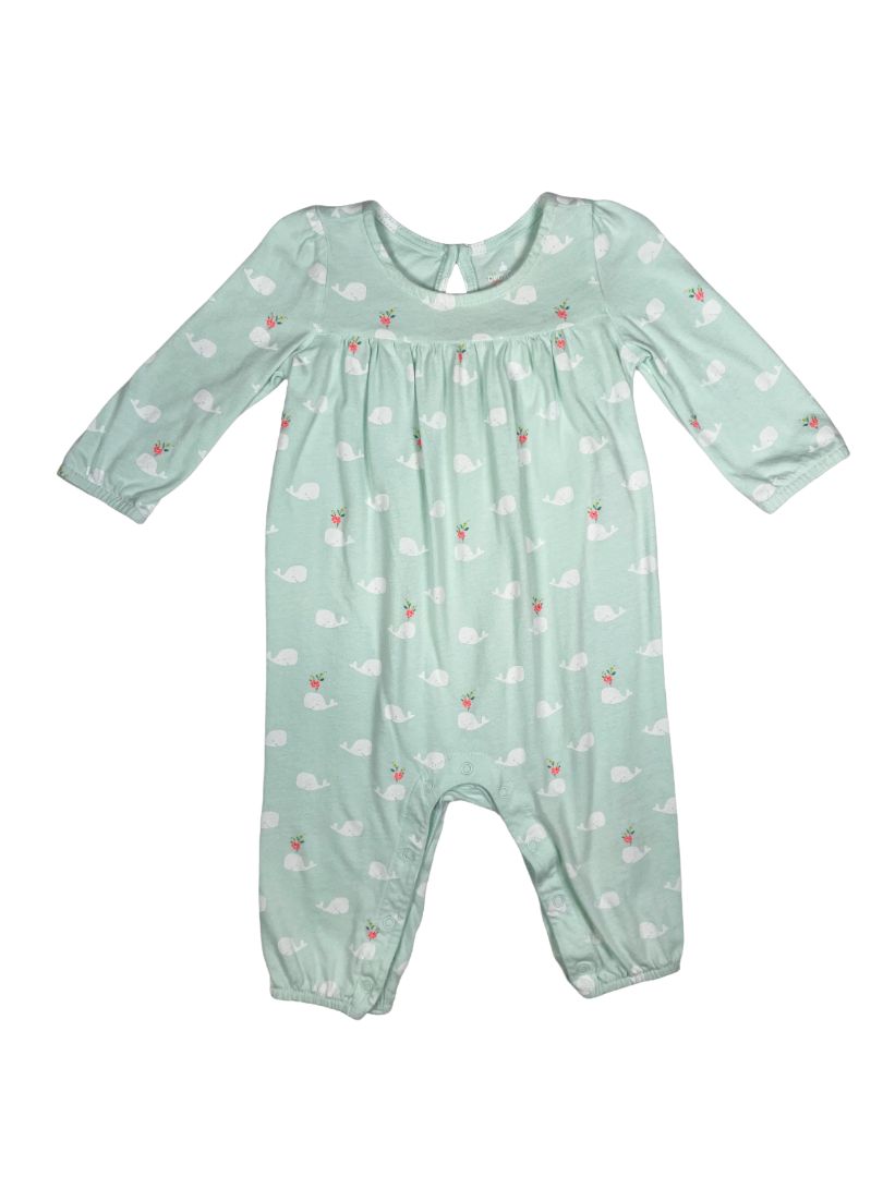 6-9 mo, babyGap, Green, Whale & flower print long-sleeve one-piece, snap legs