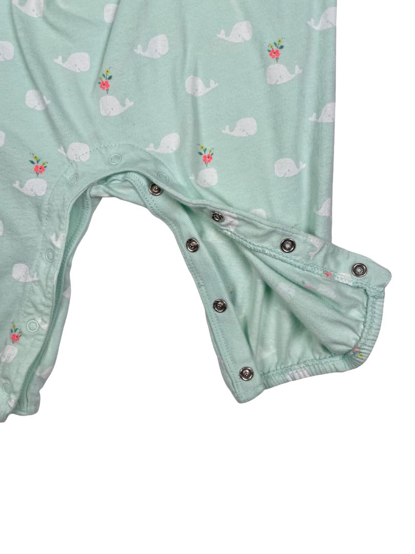6-9 mo, babyGap, Green, Whale & flower print long-sleeve one-piece, snap legs