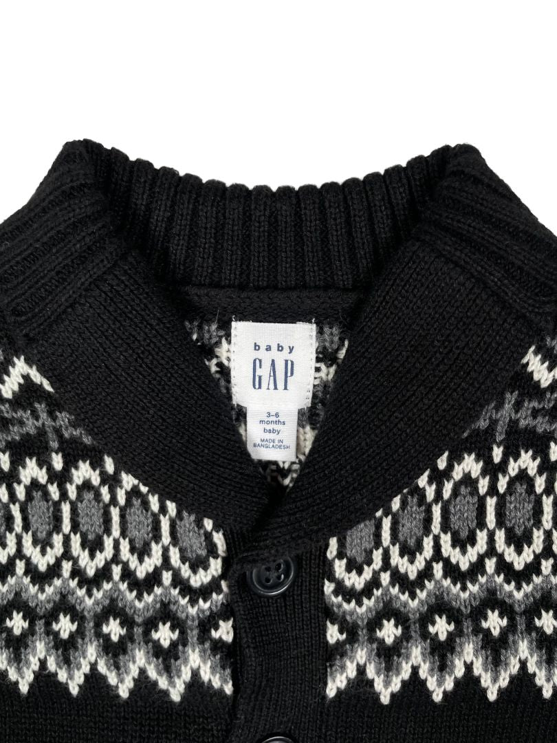 3-6 mo babyGap, Black, Fair isle shawl collar button-up cardigan, blk/white/grey