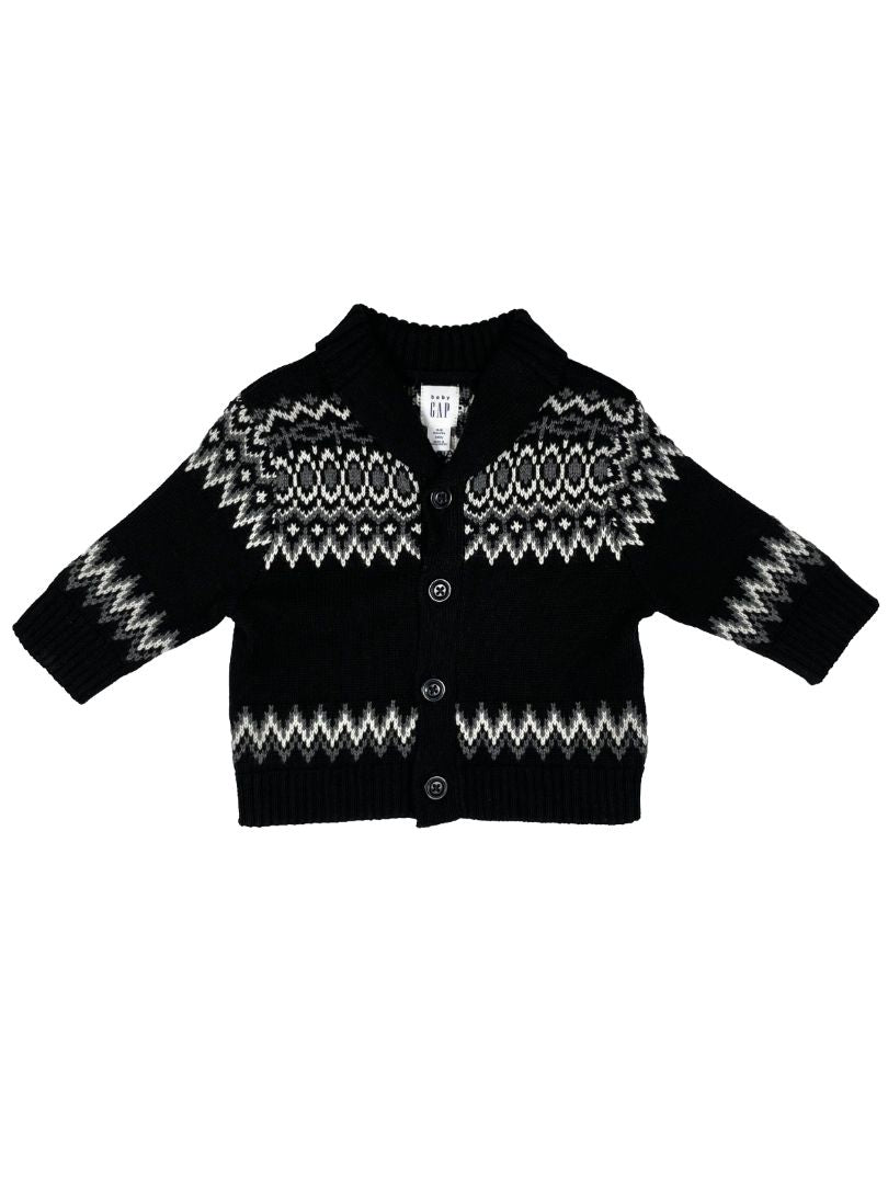 3-6 mo babyGap, Black, Fair isle shawl collar button-up cardigan, blk/white/grey