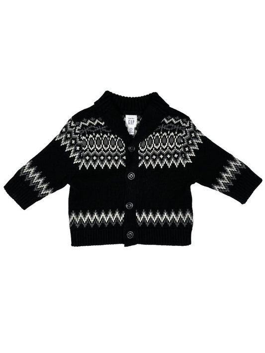 3-6 mo babyGap, Black, Fair isle shawl collar button-up cardigan, blk/white/grey