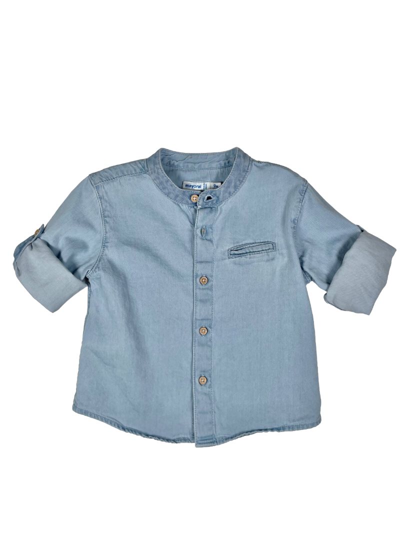 9 mo, Mayoral, Blue, Long-sleeve button-up shirt w/ mandarin collar, button roll-up sleeves