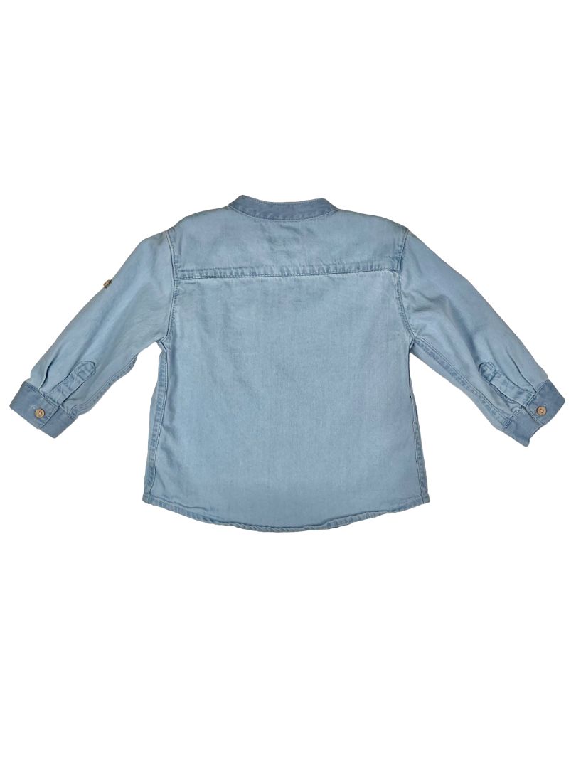 9 mo, Mayoral, Blue, Long-sleeve button-up shirt w/ mandarin collar, button roll-up sleeves