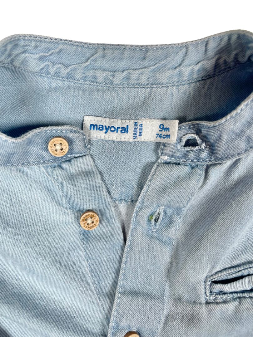 9 mo, Mayoral, Blue, Long-sleeve button-up shirt w/ mandarin collar, button roll-up sleeves