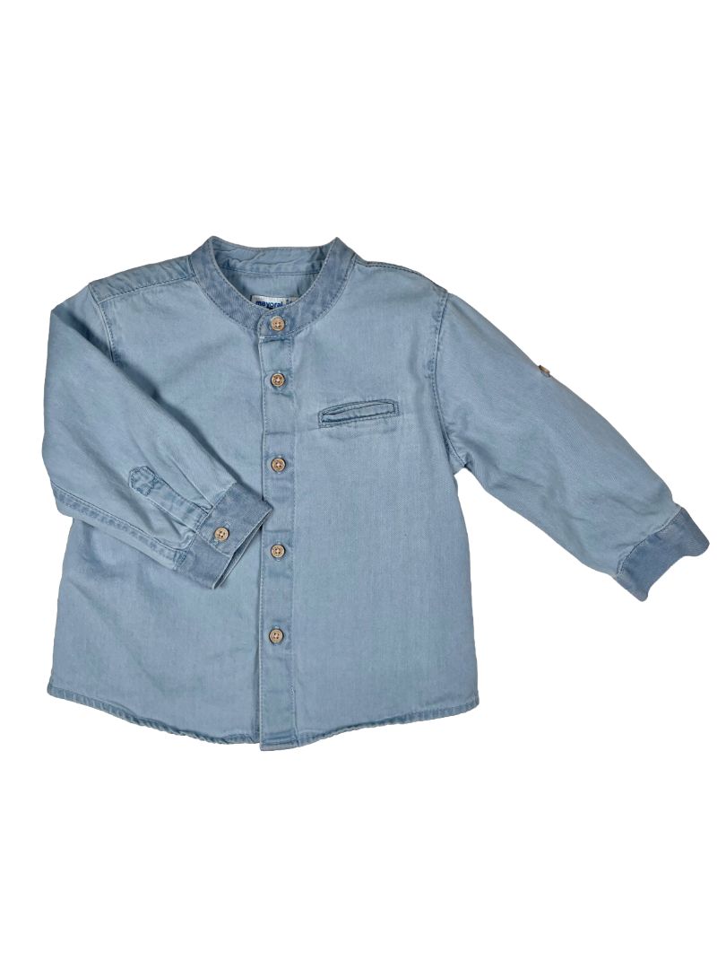 9 mo, Mayoral, Blue, Long-sleeve button-up shirt w/ mandarin collar, button roll-up sleeves