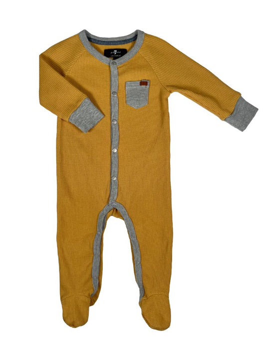 6-9 mo, 7 for All Mankind, Yellow, Footed long-sleeve waffle-knit coverall, yellow/grey