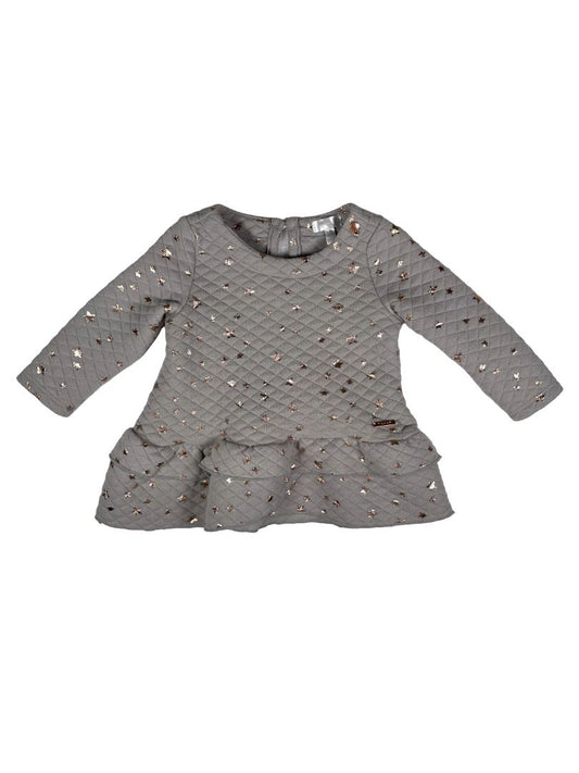6-9 mo, Tahari, Grey, Quilted long-sleeve dress, metallic rose gold star print, ruffle bottom
