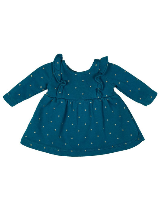 0 mo / Newborn, Carter's, Blue, Long-sleeve fleece-lined dress, gold polka dots, ruffles at shoulders