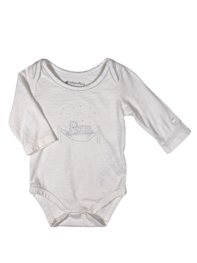 3 mo, Babycottons, White, Long-sleeve bodysuit w/ tiger in hammock under the stars