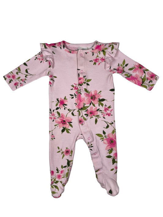 0-3 mo, Bundles by Baby Place, Pink, Floral print snap-up footed pajamas, ruffle at shoulders