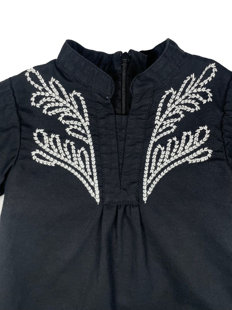 6-12 mo, BR Baby (Banana Republic), Black, Lined cotton shirt dress w/ white leaves embroidery at chest