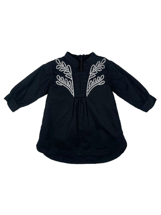 6-12 mo, BR Baby (Banana Republic), Black, Lined cotton shirt dress w/ white leaves embroidery at chest