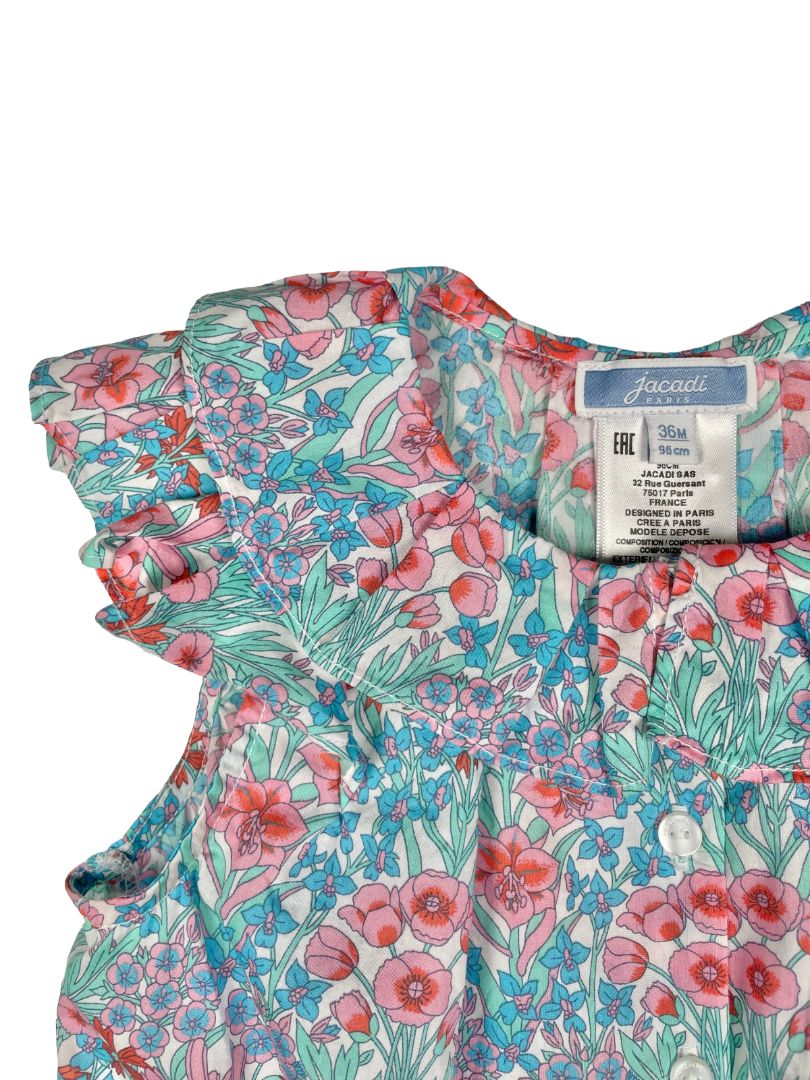 36 mo, Jacadi, Multi-color, Sleeveless, spring floral cotton blouse, button-up/collared, blue/pink/green