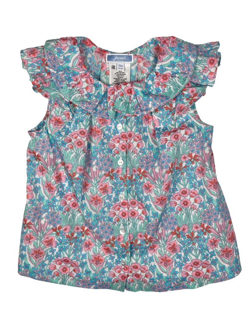 36 mo, Jacadi, Multi-color, Sleeveless, spring floral cotton blouse, button-up/collared, blue/pink/green